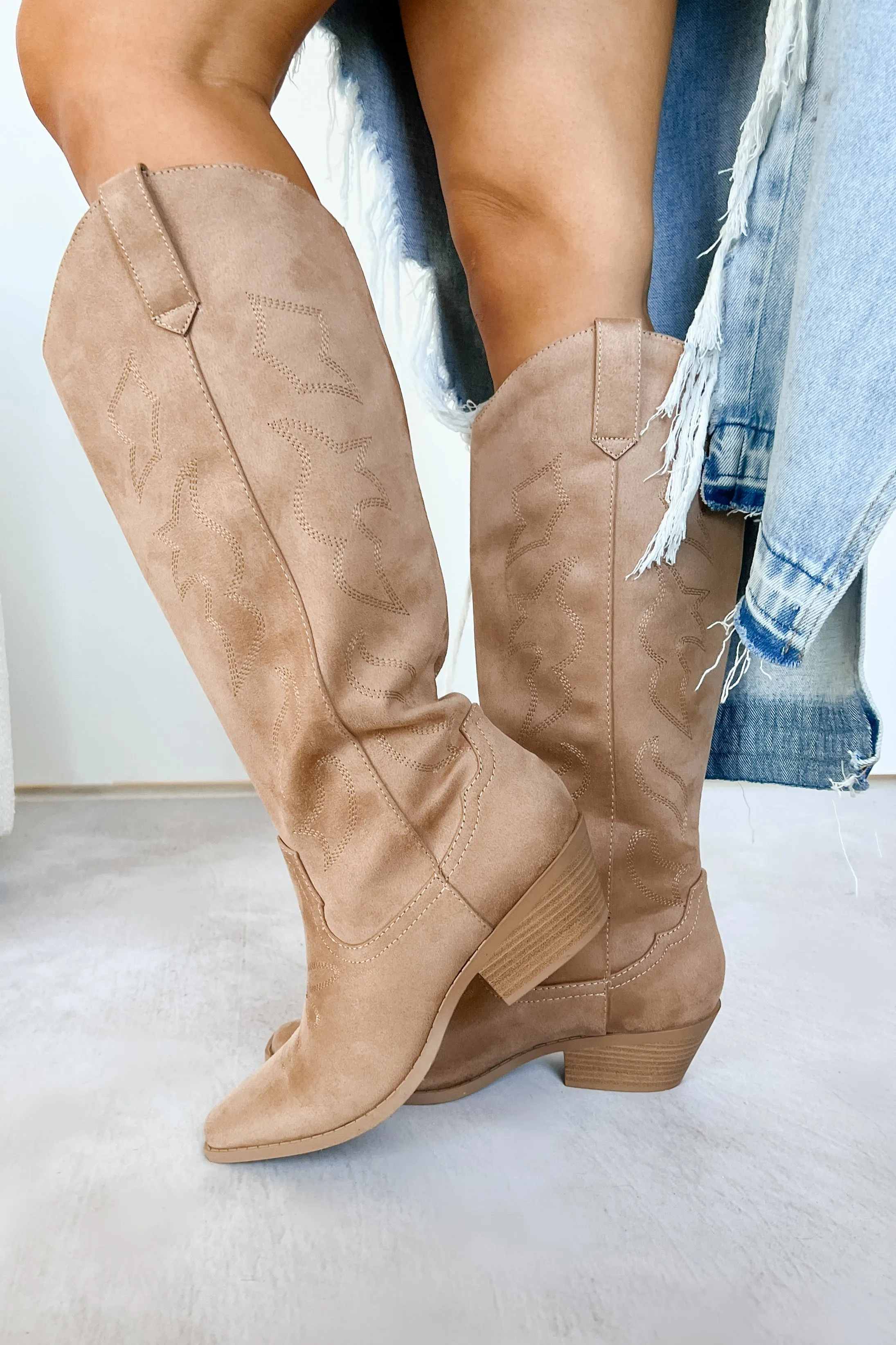 A Wild Ride Faux Suede Western Boots (Tan)