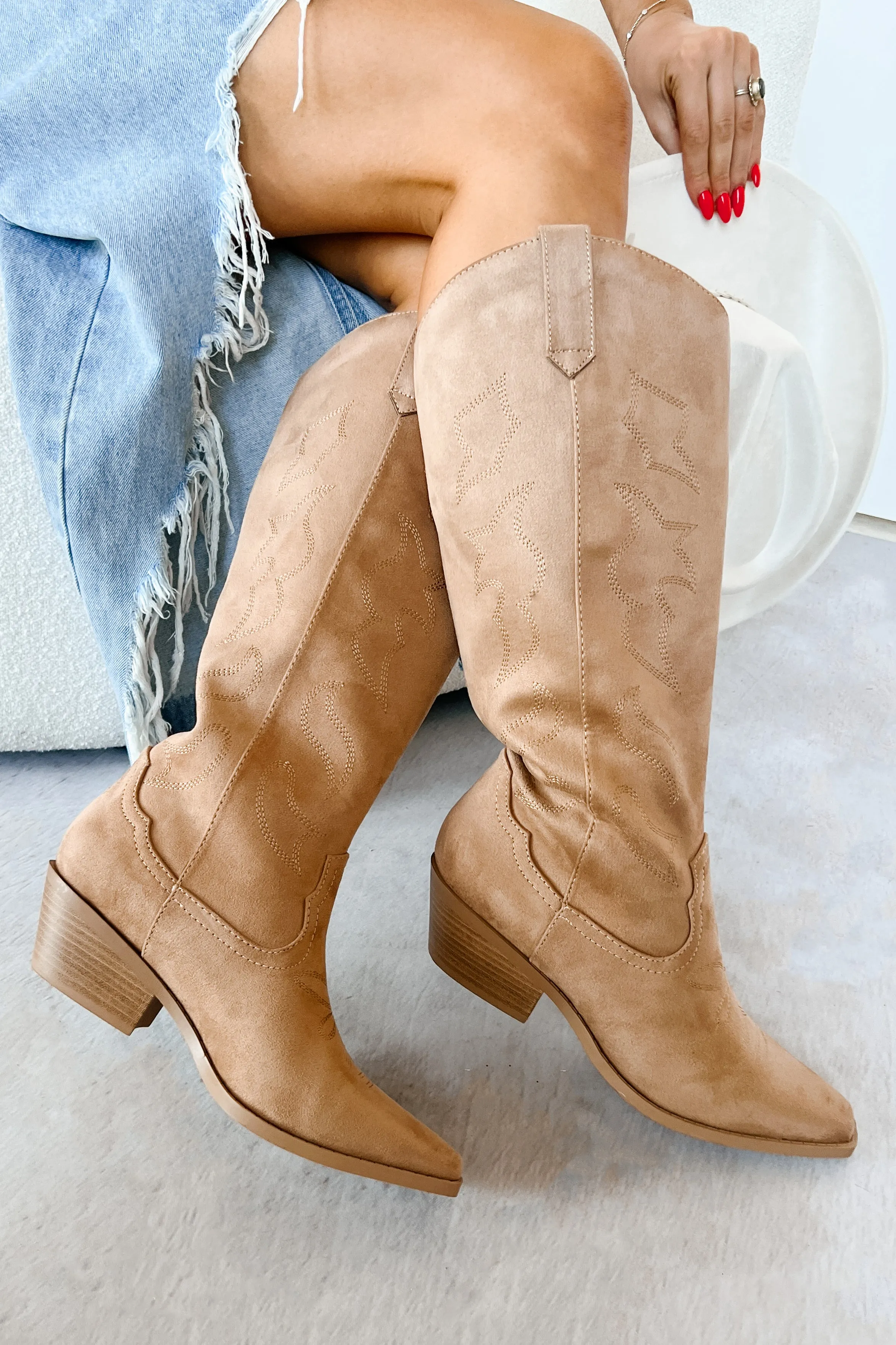 A Wild Ride Faux Suede Western Boots (Tan)