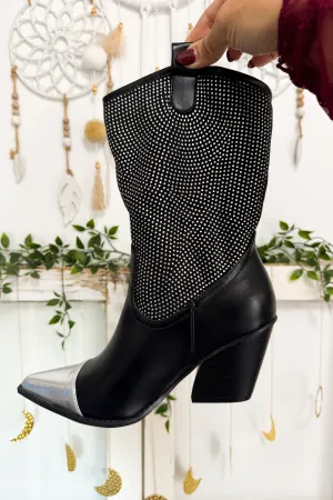 Black & Silver Rhinestone Western Cowboy Boots