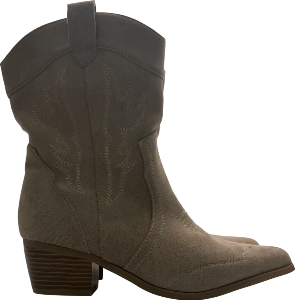 boohoo Beige Faux Suede Embroidered Western Ankle Cowboy Boots UK 6 EU 39 👠