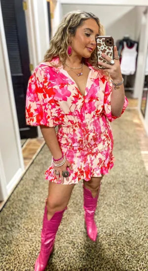 COLLARED BUBBLE SLEEVE FLORAL DRESS WITH SMOCKED SKIRT DETAIL