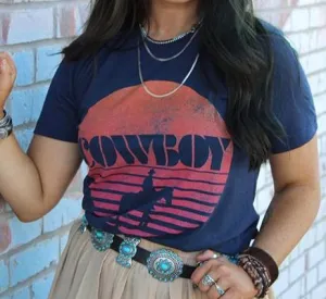 DISTRESSED COWBOY TEE SHIRT IN A NAVY
