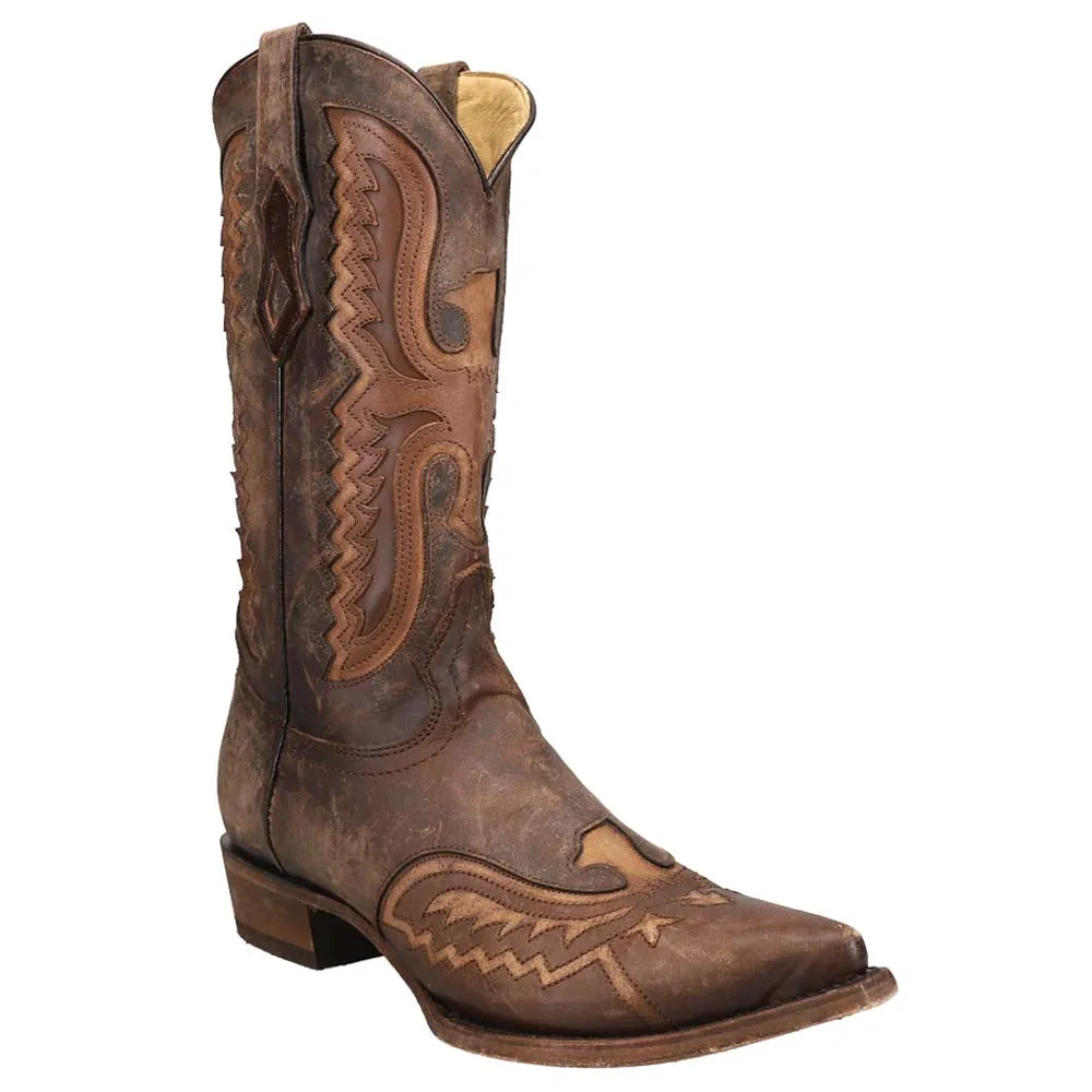 Distressed Tan Eagle Embroidered Snip Toe Cowboy Boots