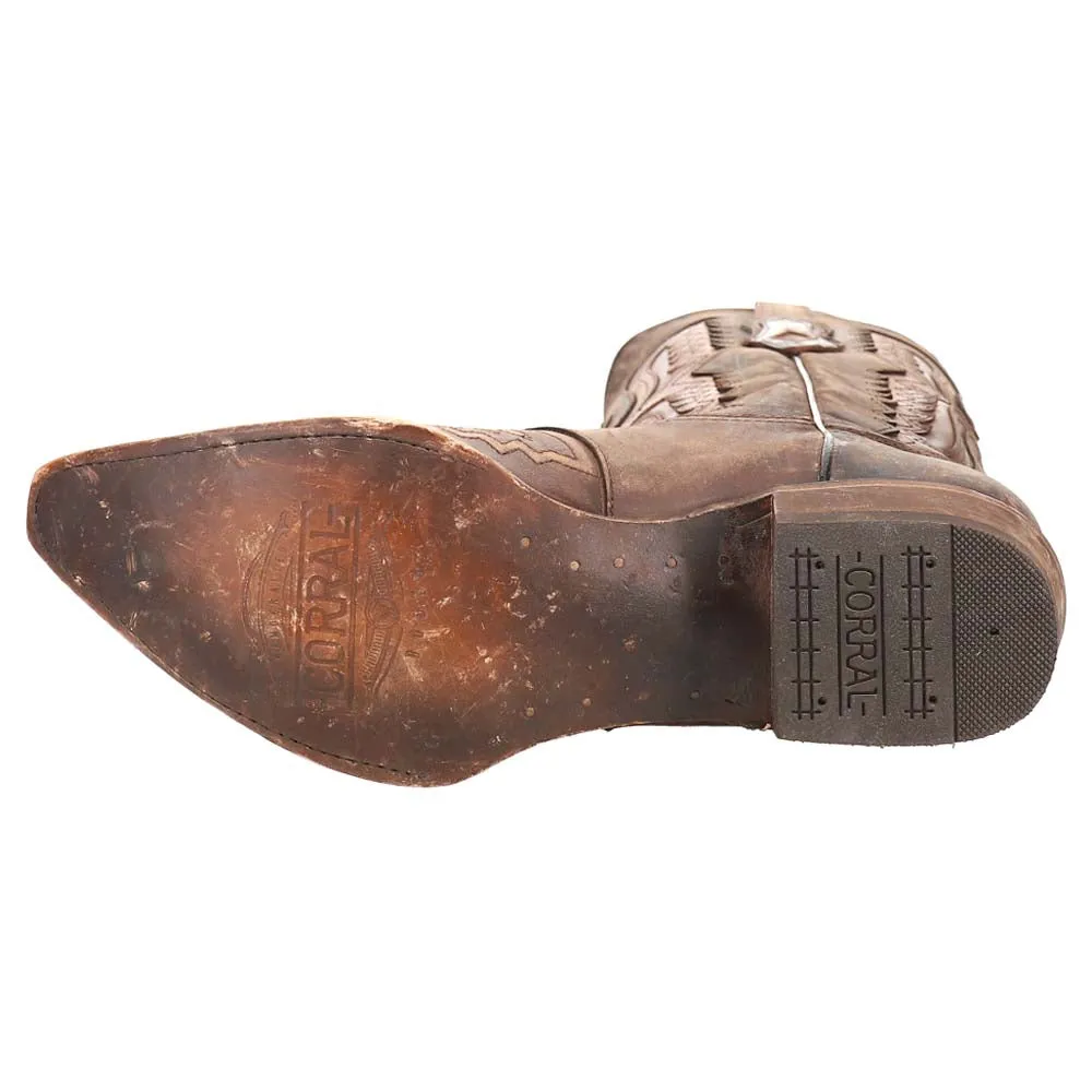 Distressed Tan Eagle Embroidered Snip Toe Cowboy Boots