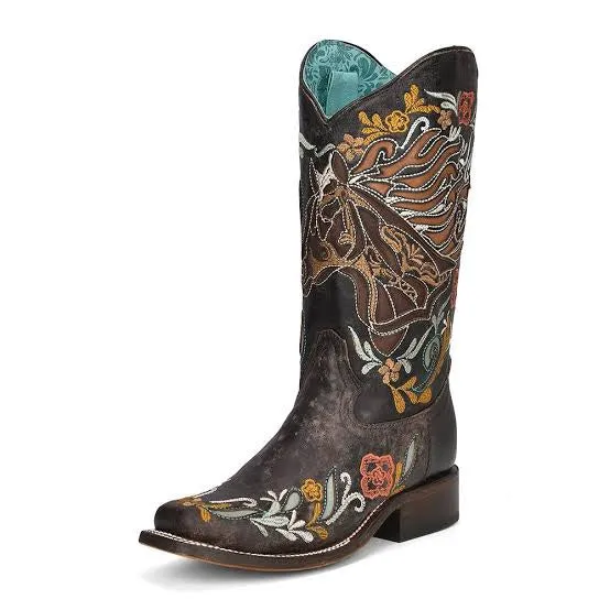 Horse Inlay & Multicolour Embroidery Sq.Toe | Brown