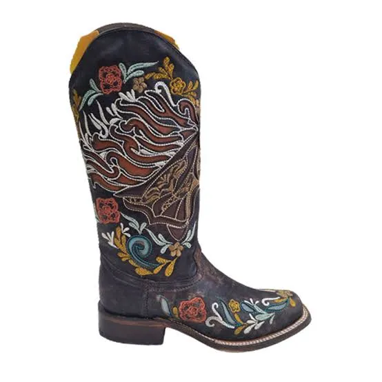Horse Inlay & Multicolour Embroidery Sq.Toe | Brown
