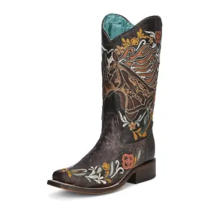 Horse Inlay & Multicolour Embroidery Sq.Toe | Brown