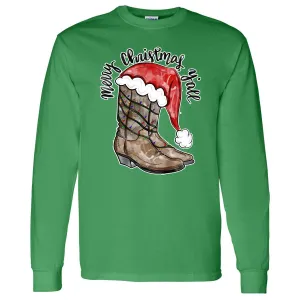 Merry Christmas Y'all Cowboy Boots - Green Longsleeve Tee