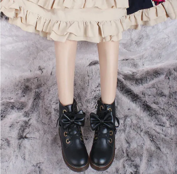 Sohiwoo Vintage Round Head Lacing Women Martin Boots Cute Bowknot College Style Kawaii Shoes Cos England Style Sweet Lolita Shoes