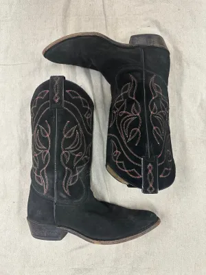 Vintage Suede Black   Red Stitching Cowboy Boots