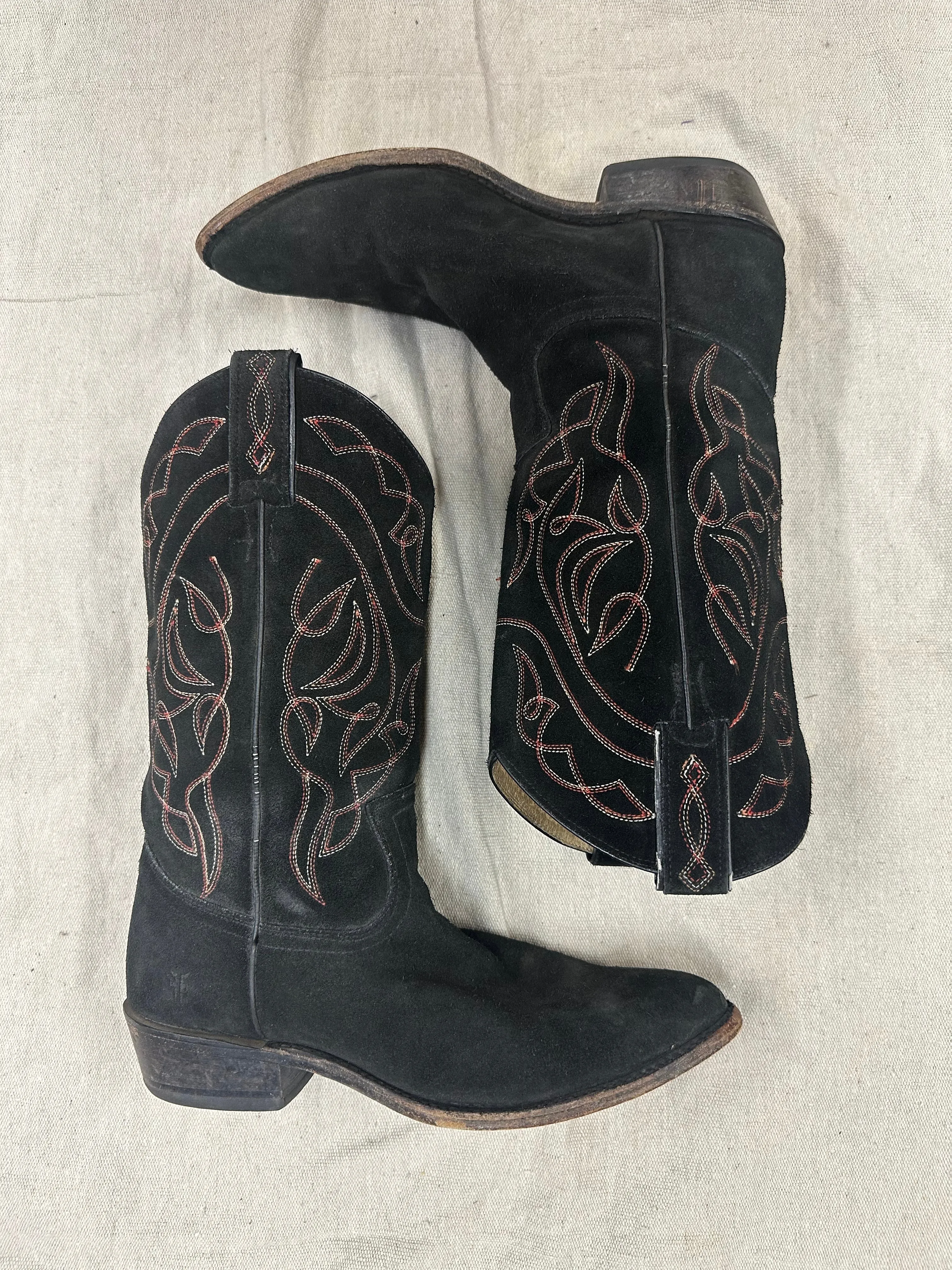 Vintage Suede Black   Red Stitching Cowboy Boots