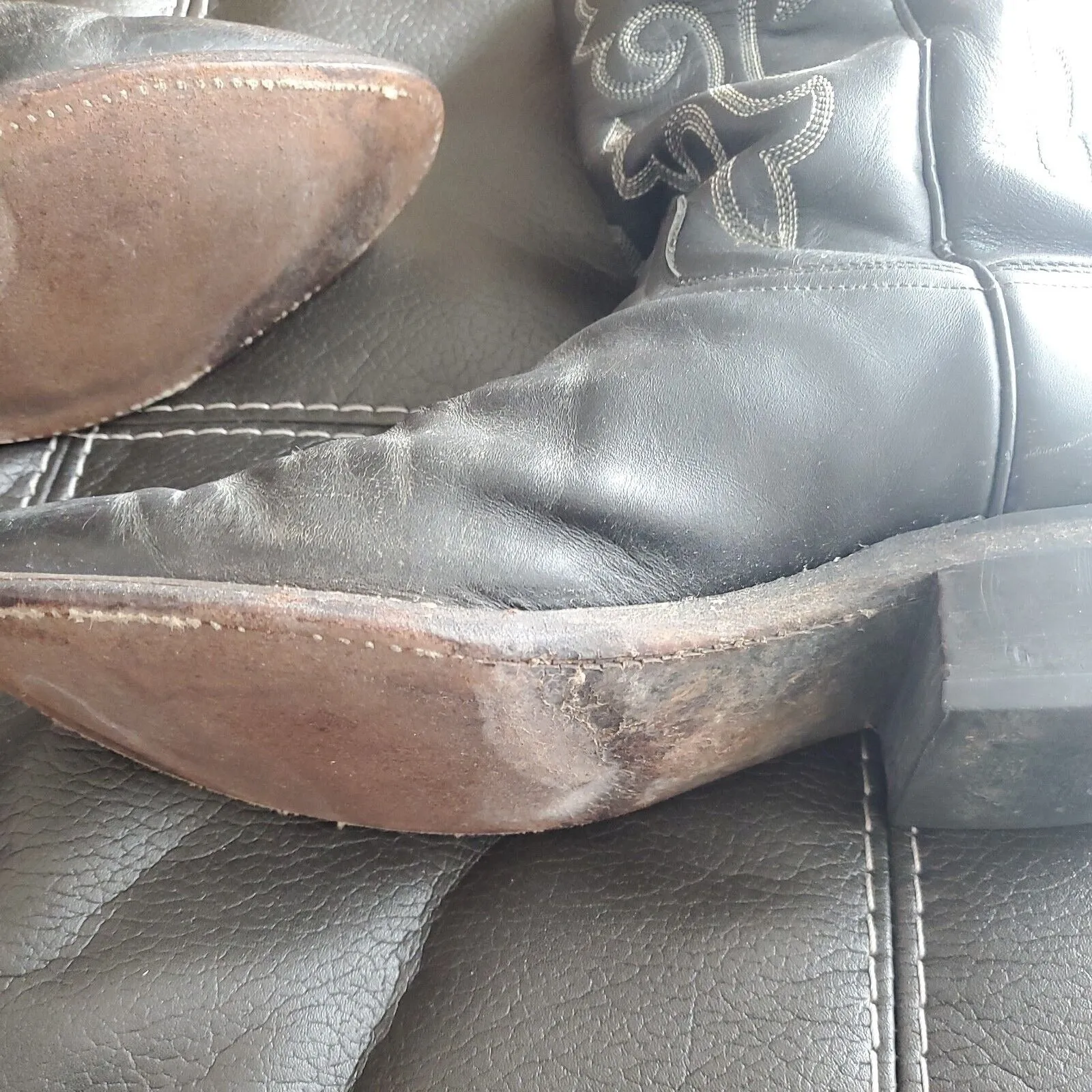 Vtg Justin Men's Leather Cowboy Western Boots White Flame Stitch Black Size 10.5